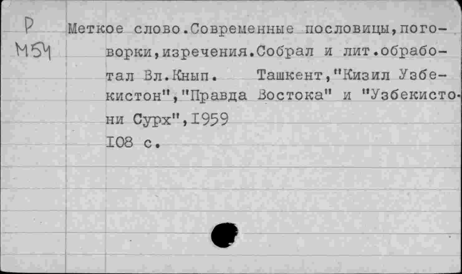 ﻿Y Меткое слово.Современные пословицы,пого-ворки,изречения.Собрал и лит.обработал Вл.Кнып. Ташкент,“Кизил Узбе-кистон","Правда Востока" и "Узбекисто ни Сурх",1959 108 с.